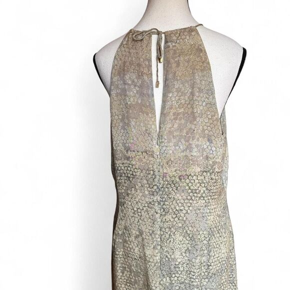 ANNE KLEIN Vintage Dress 14 Beige Print Silk Blend Halter Tie Neck Keyhole Maxi - Picture 5 of 8